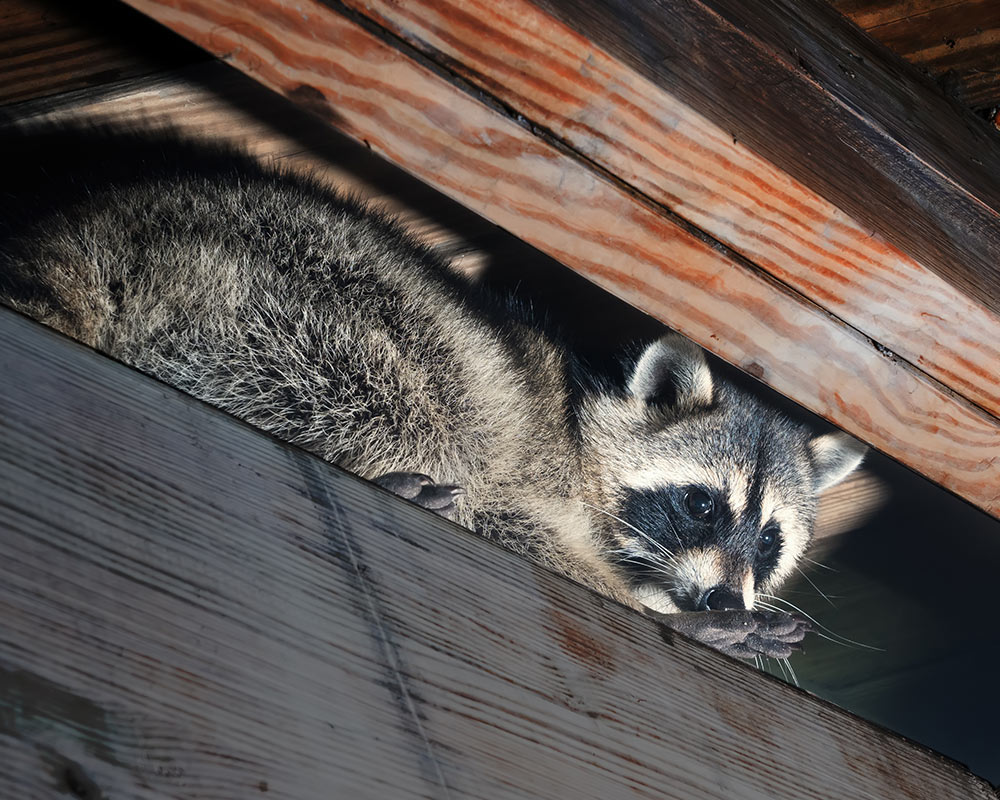 racoon close up hiding at house attic harrison me